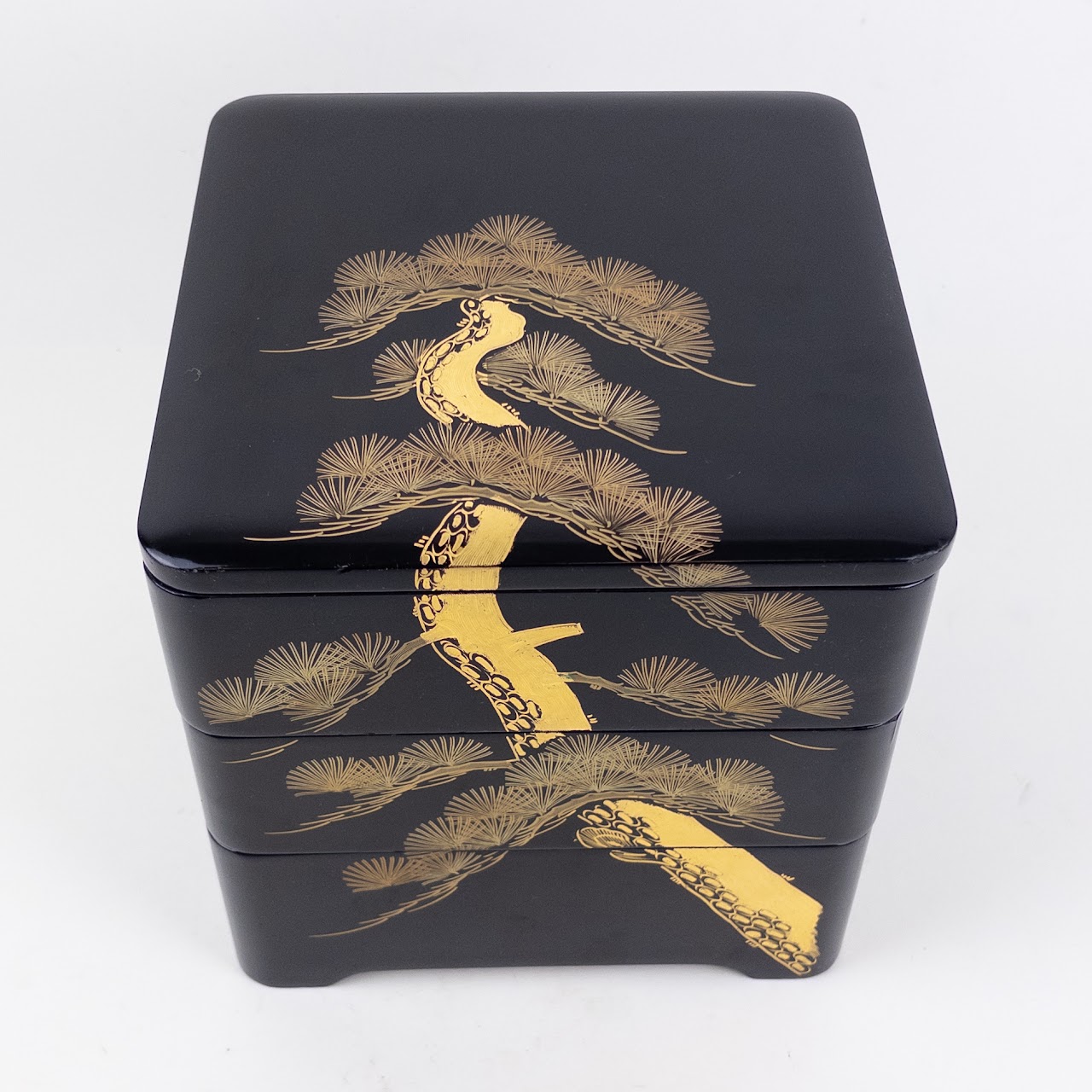 Japanese Urushi Lacquered Pine Tree Three-Tiered Box