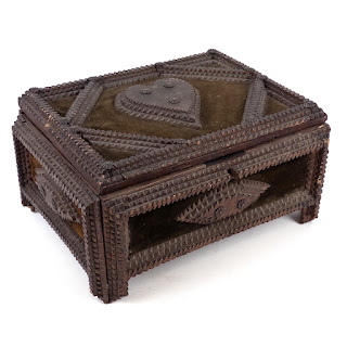 Tramp Art Stacked Wood and Velvet Heart Top Jewelry Box