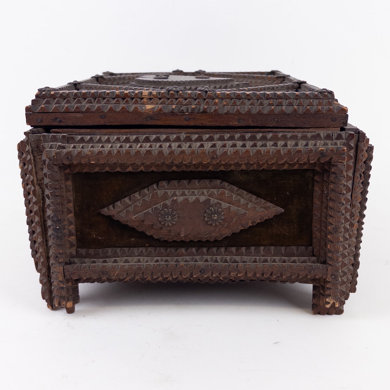 Tramp Art Stacked Wood and Velvet Heart Top Jewelry Box