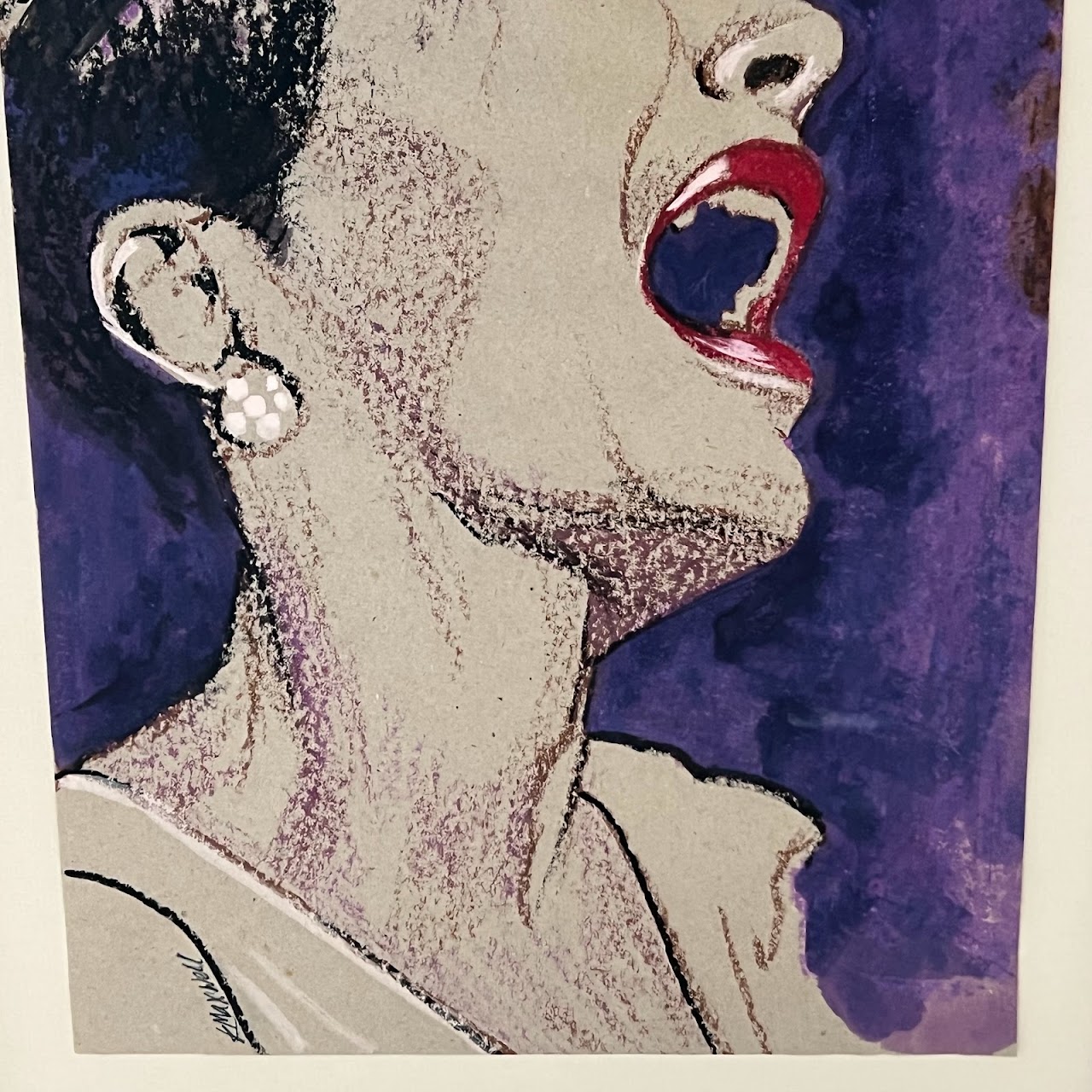 K. Maxwell Signed Billie Holiday Watercolor and Pastel Drawing