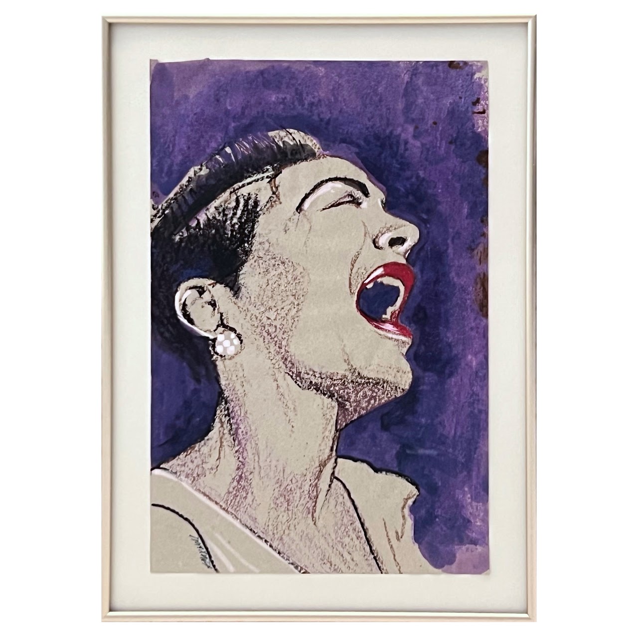 K. Maxwell Signed Billie Holiday Watercolor and Pastel Drawing