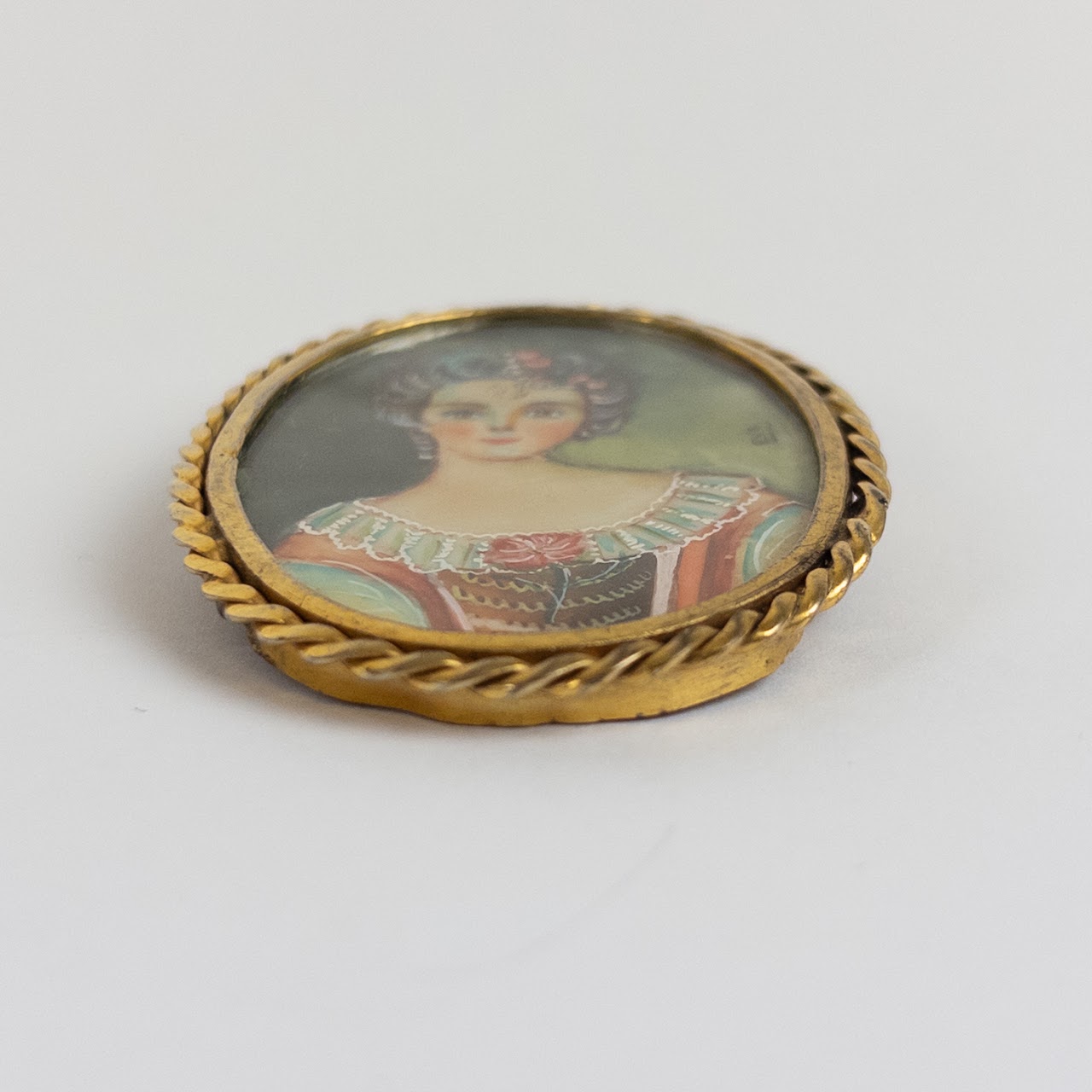 Miniature Signed Portrait Painting on Bone Brooch