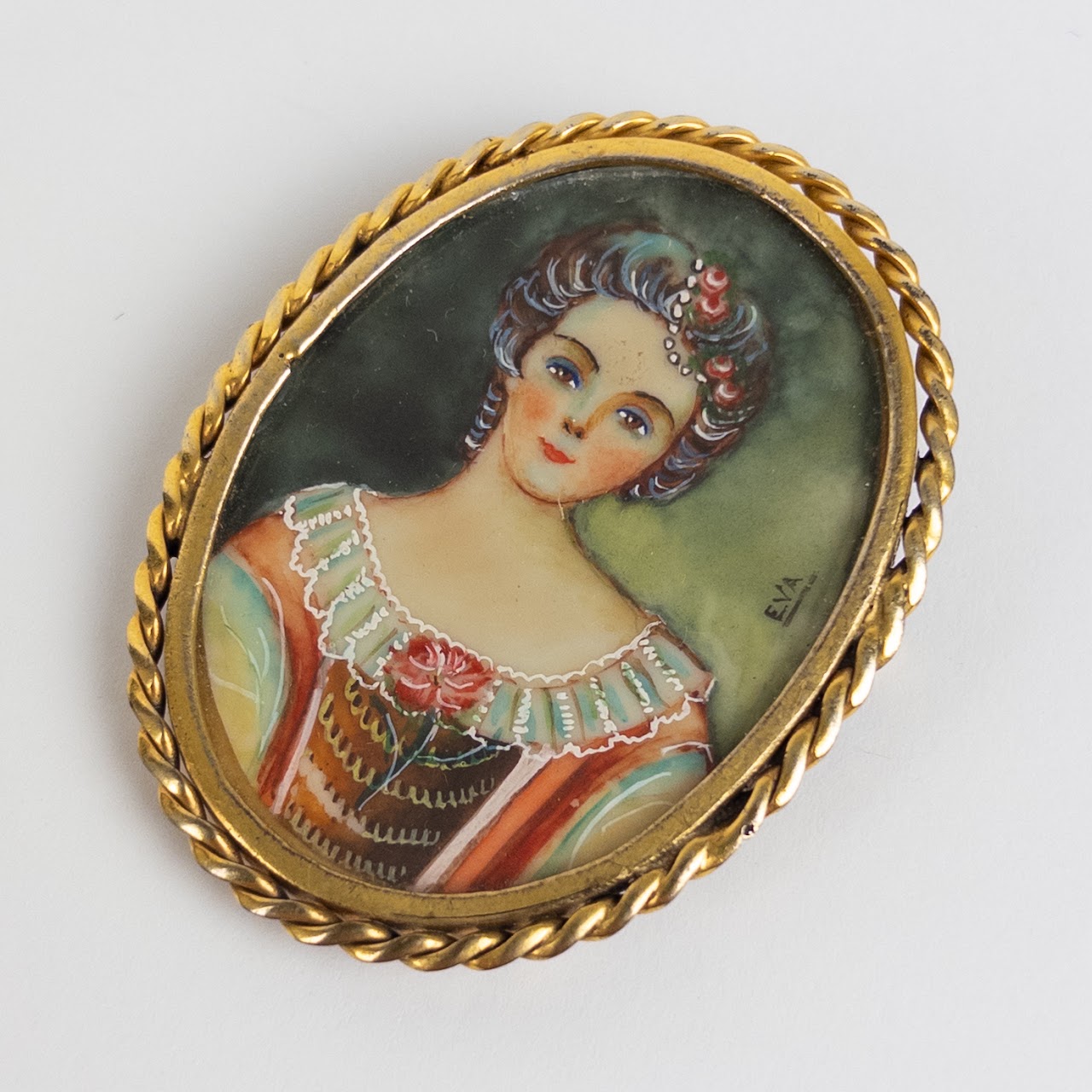 Miniature Signed Portrait Painting on Bone Brooch