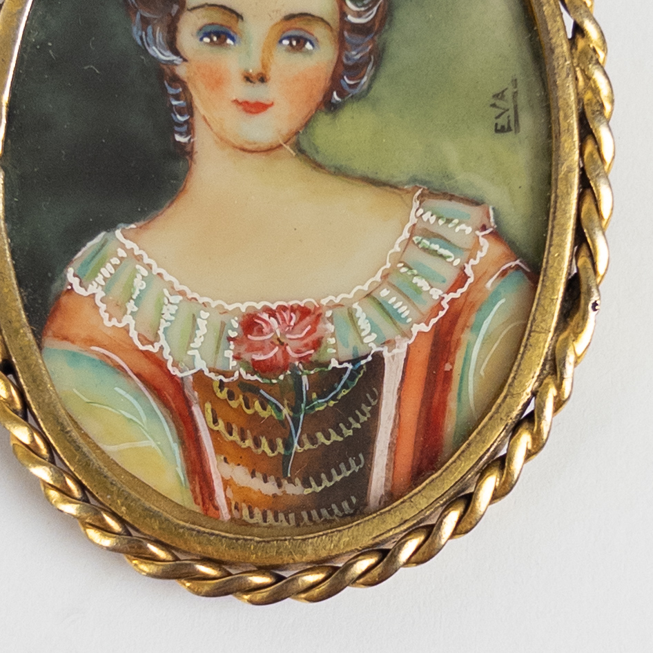 Miniature Signed Portrait Painting on Bone Brooch