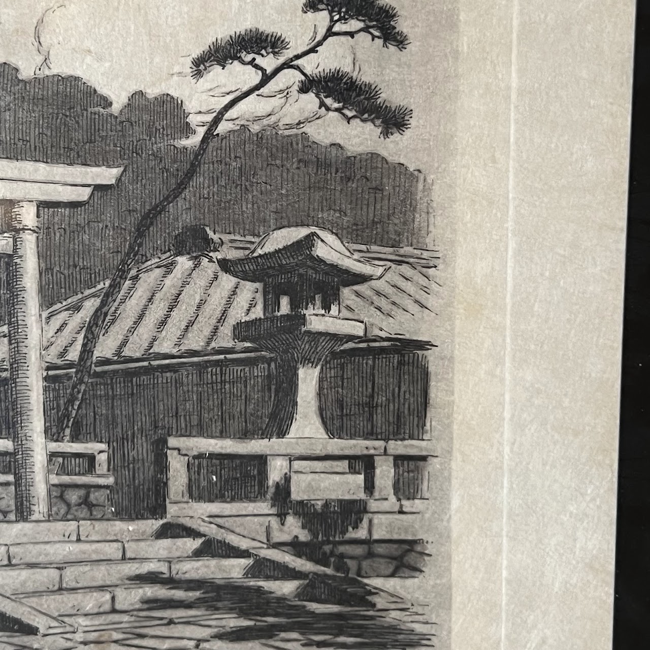 K. Hayashi 'Unzen Jisha'  Vintage Japanese Architectural Etching