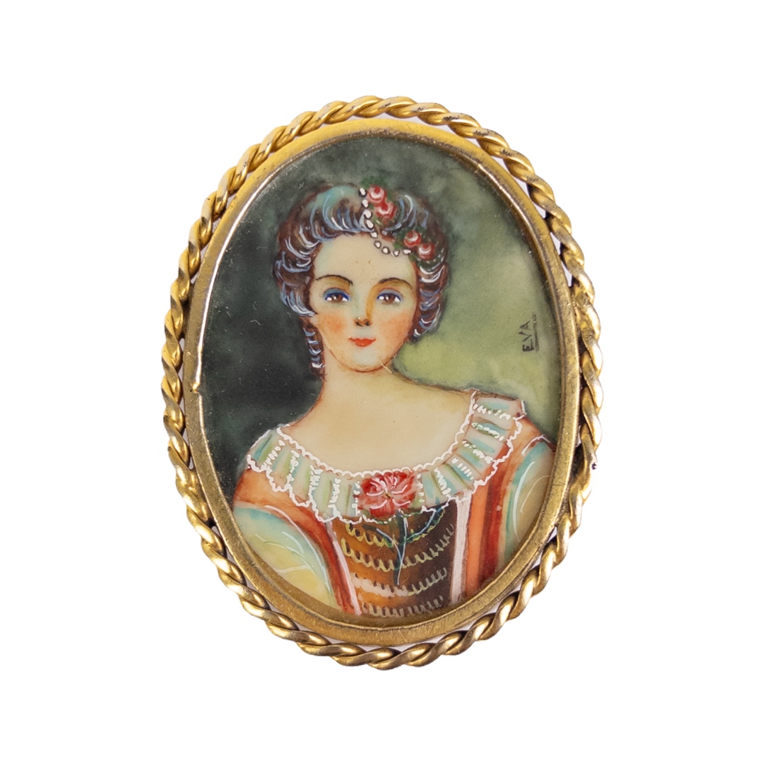 Miniature Signed Portrait Painting on Bone Brooch