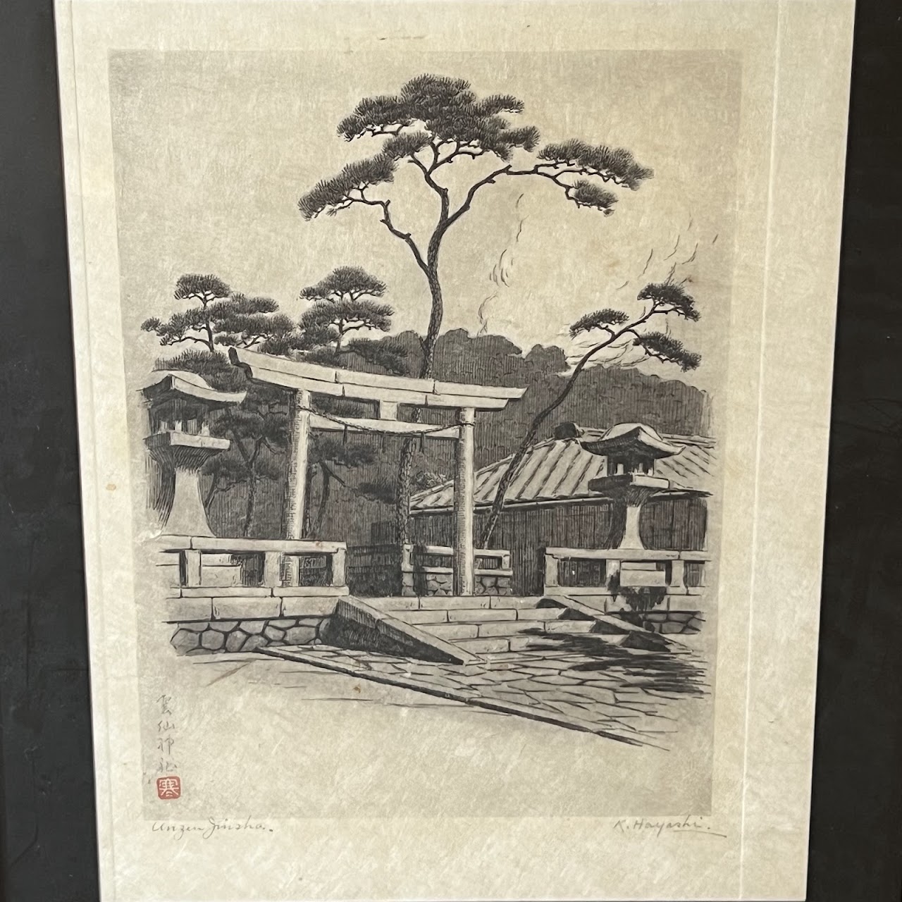 K. Hayashi 'Unzen Jisha'  Vintage Japanese Architectural Etching