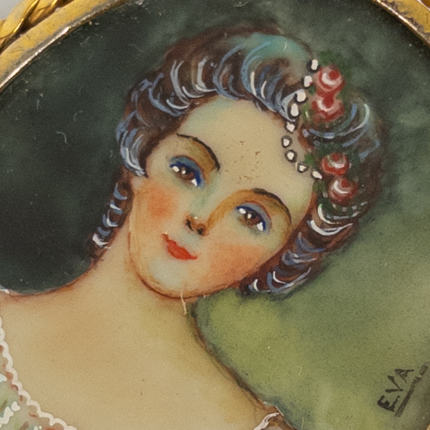 Miniature Signed Portrait Painting on Bone Brooch