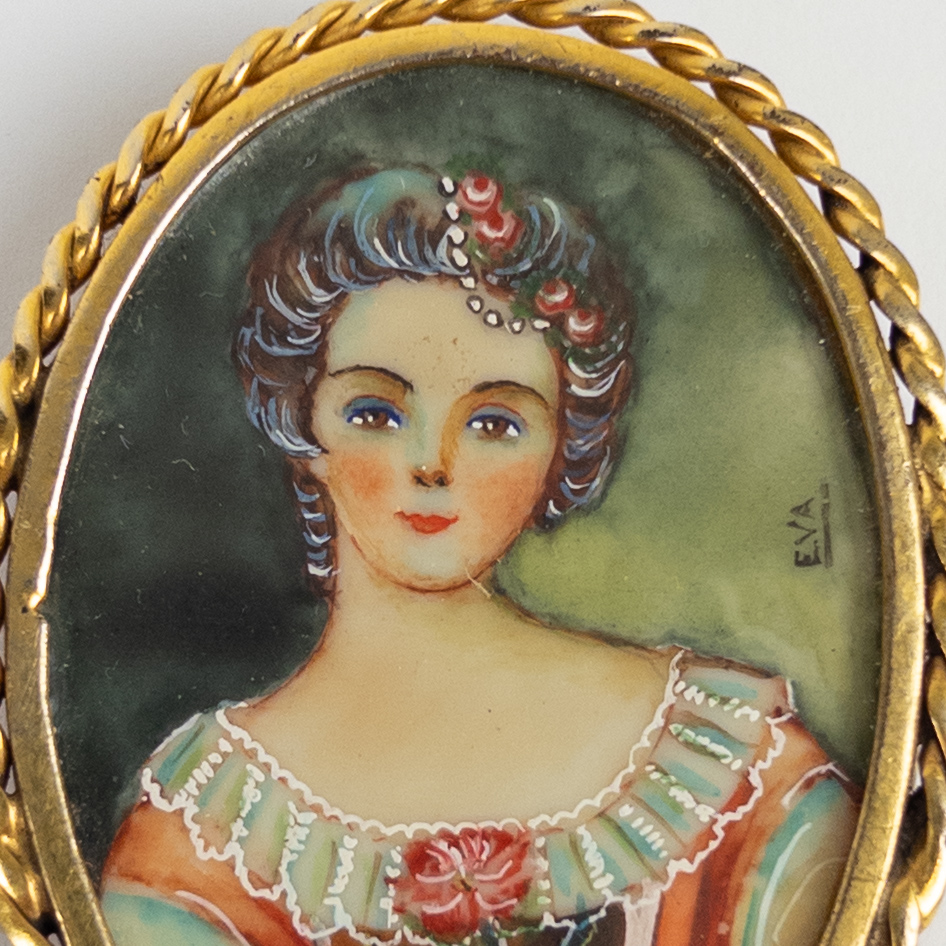 Miniature Signed Portrait Painting on Bone Brooch