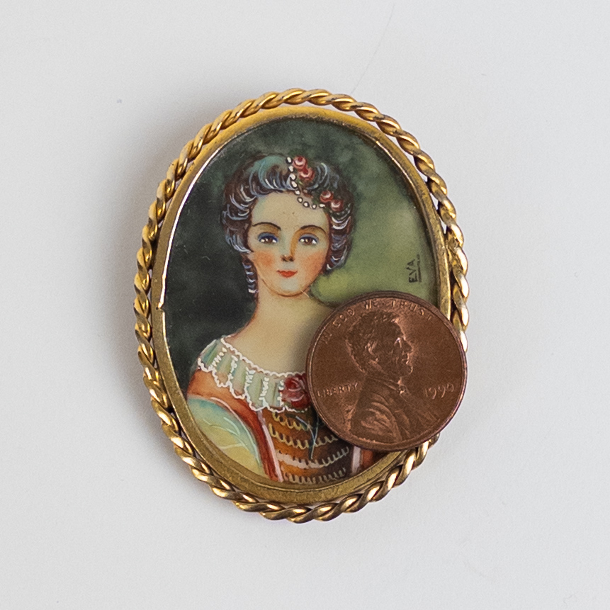 Miniature Signed Portrait Painting on Bone Brooch