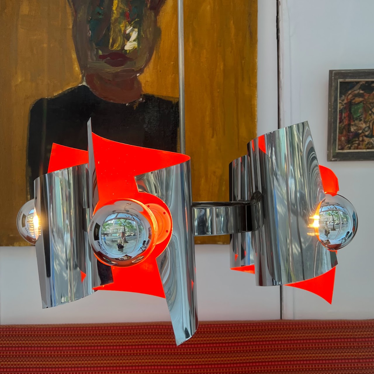 Mid-Century Modernist Chrome & Enamel Five-Arm Pendant Light