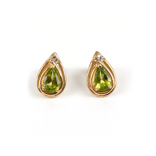 14K Gold Teardrop Earrings with Green Stone and Diamond Settings