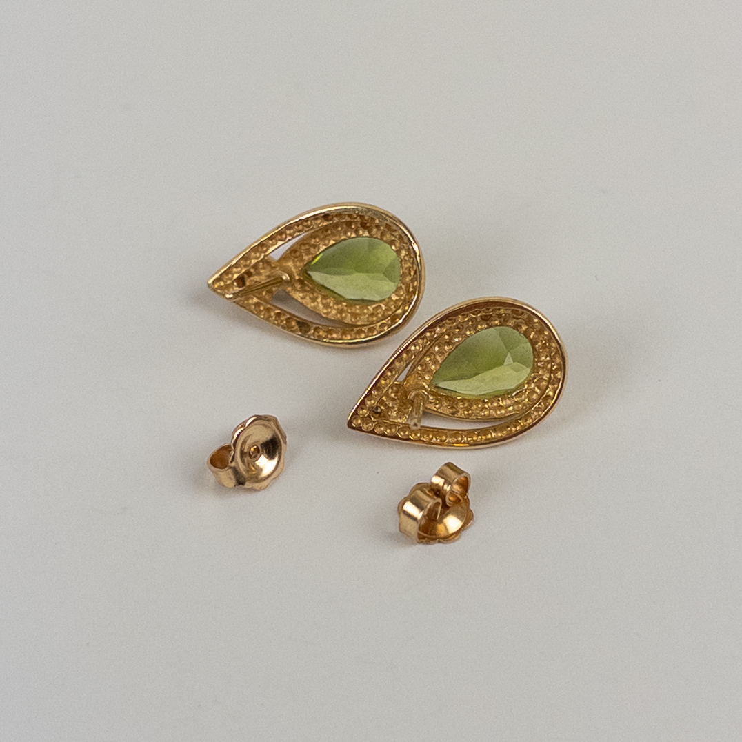 14K Gold Teardrop Earrings with Green Stone and Diamond Settings