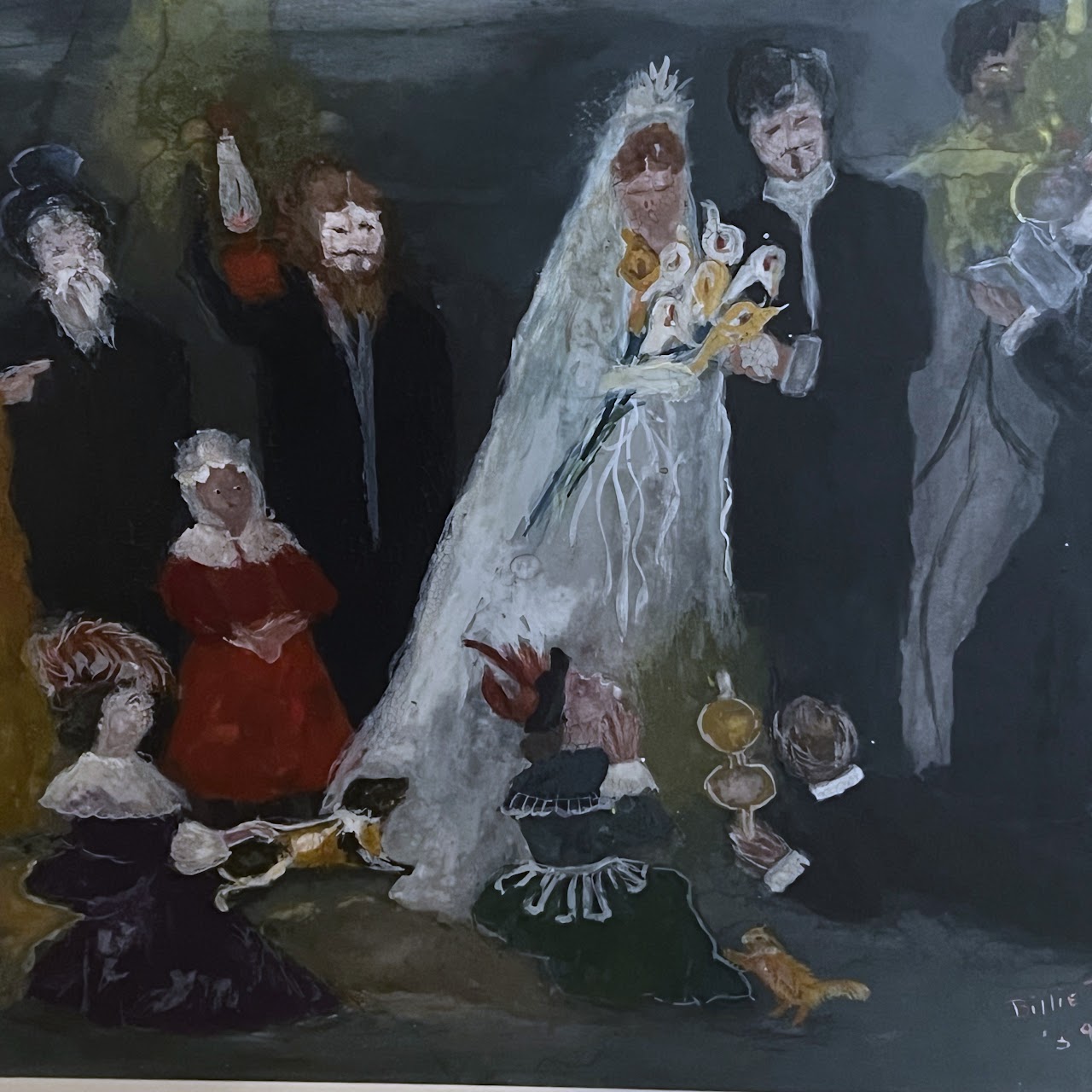 Billie Thomas Mid 20th C. Folk Art Night Wedding Watercolor Painting