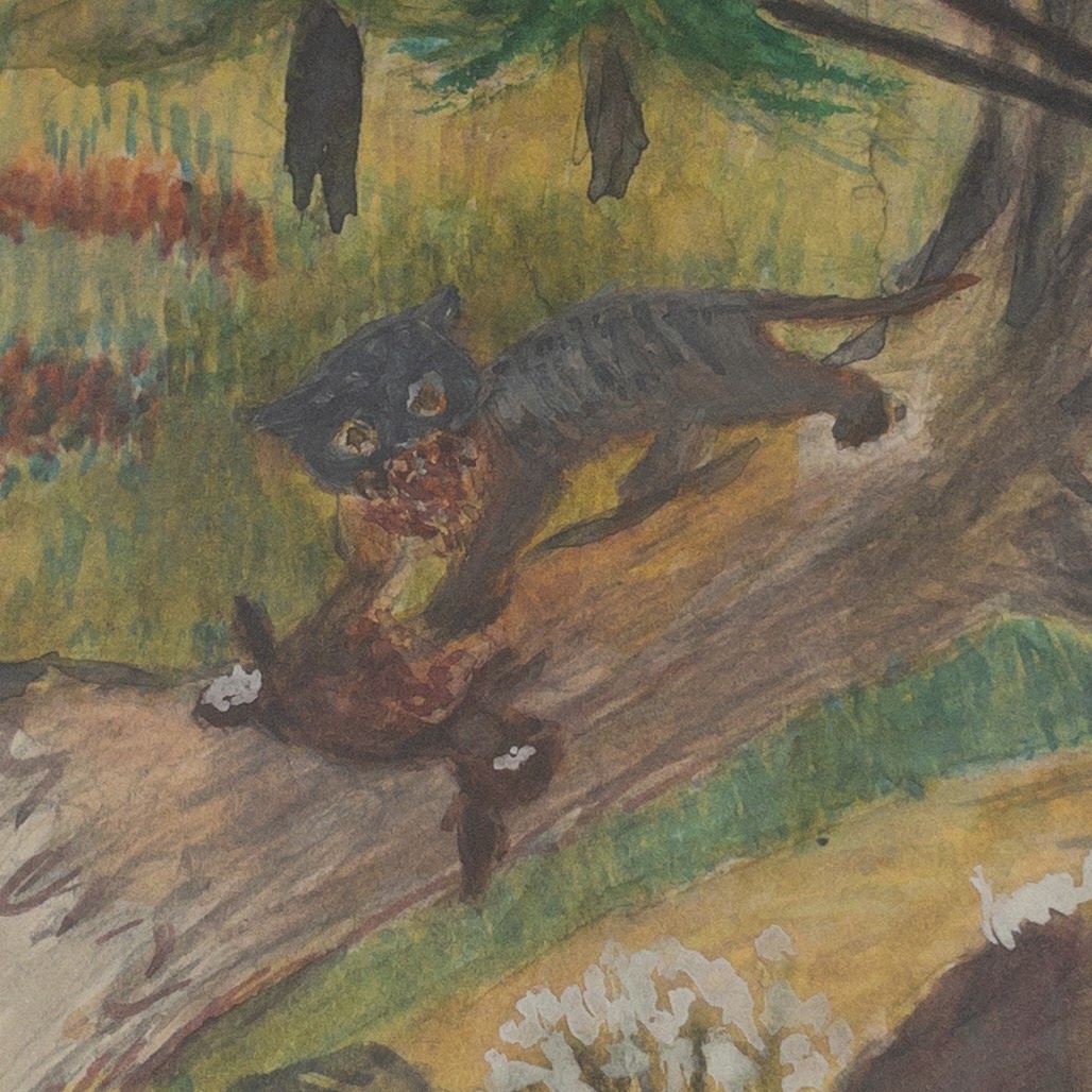 Billie Thomas Mid 20th C. Folk Art Wildcat Watercolor Painting