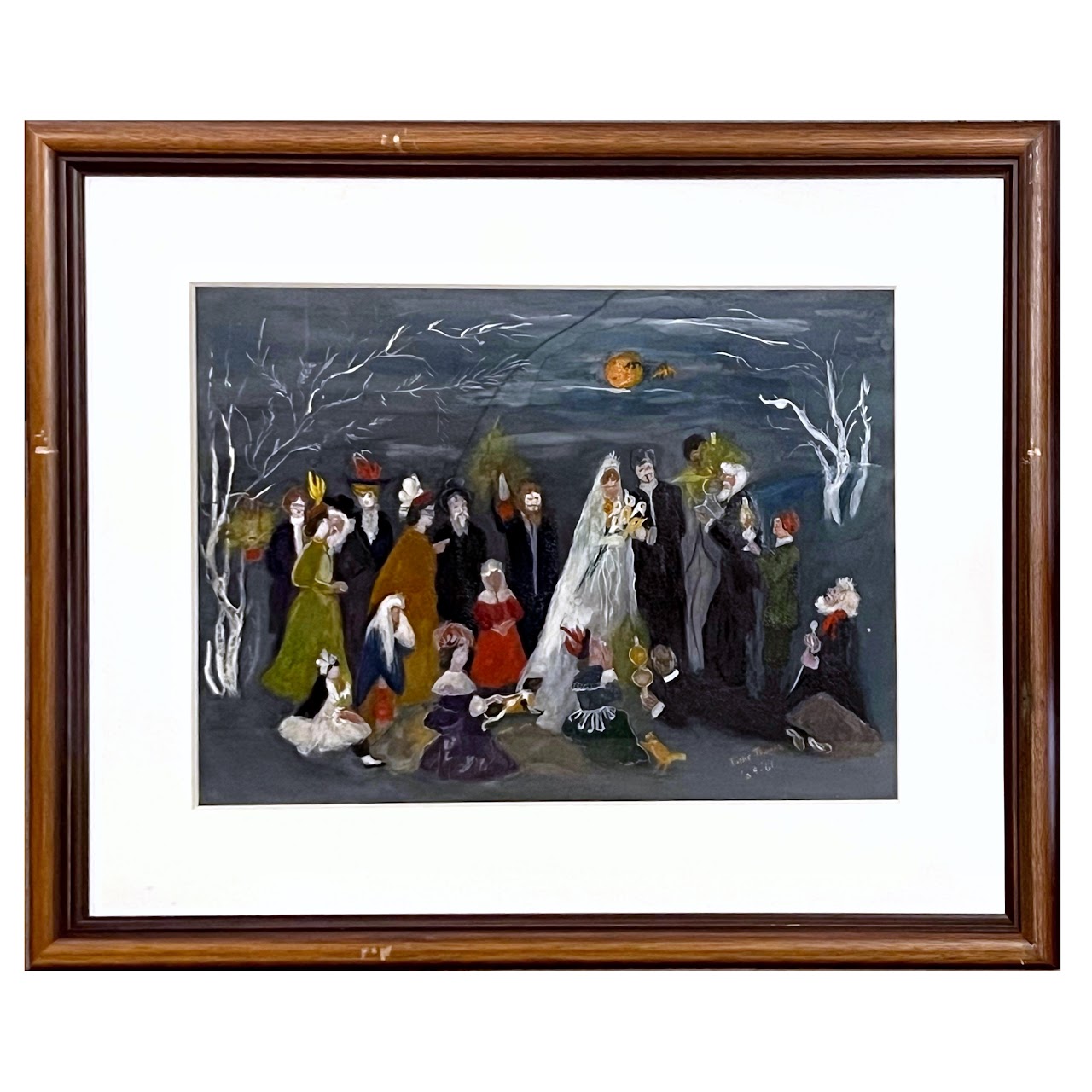 Billie Thomas Mid 20th C. Folk Art Night Wedding Watercolor Painting