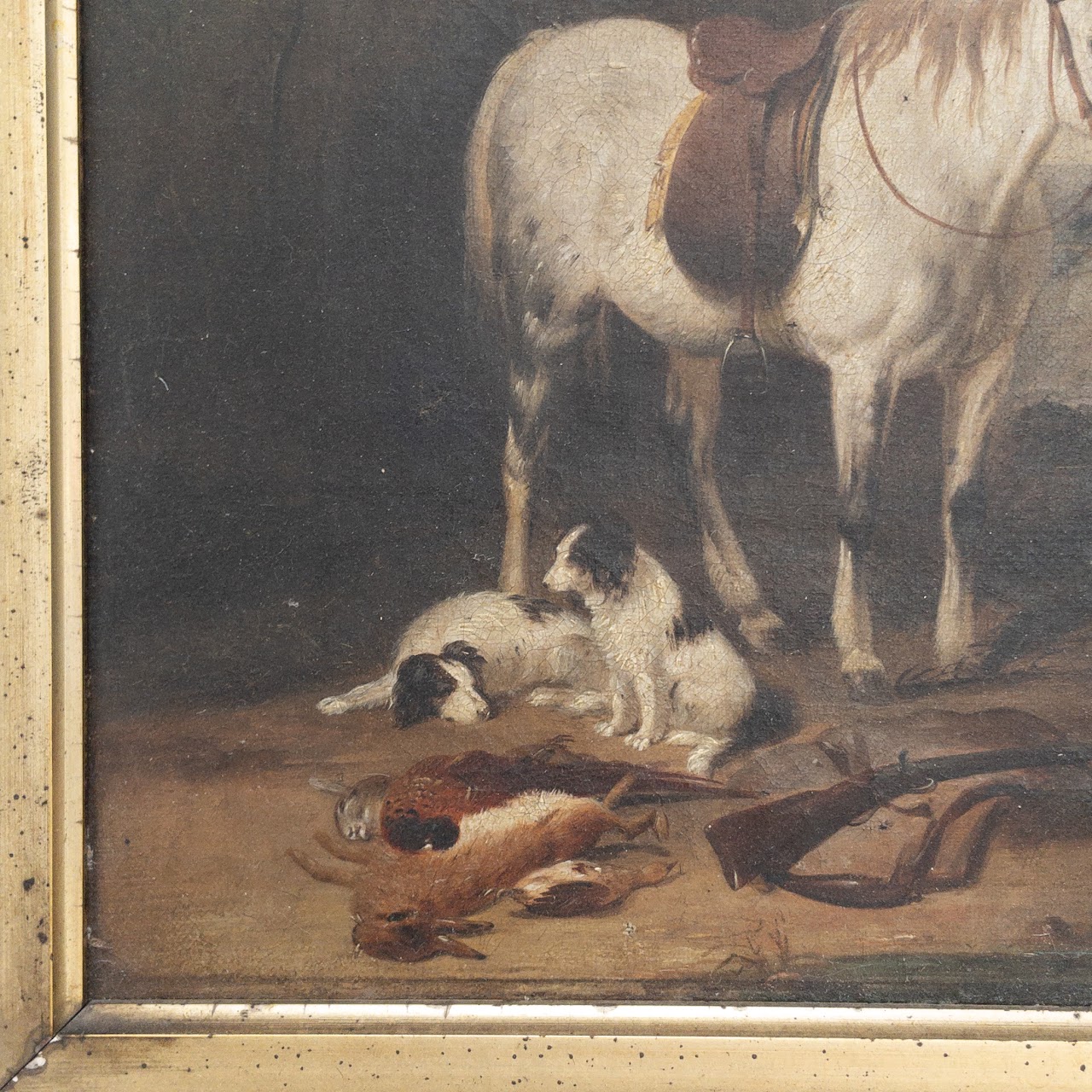 Horse & Hounds Antique Hunt Scene Oil Painting