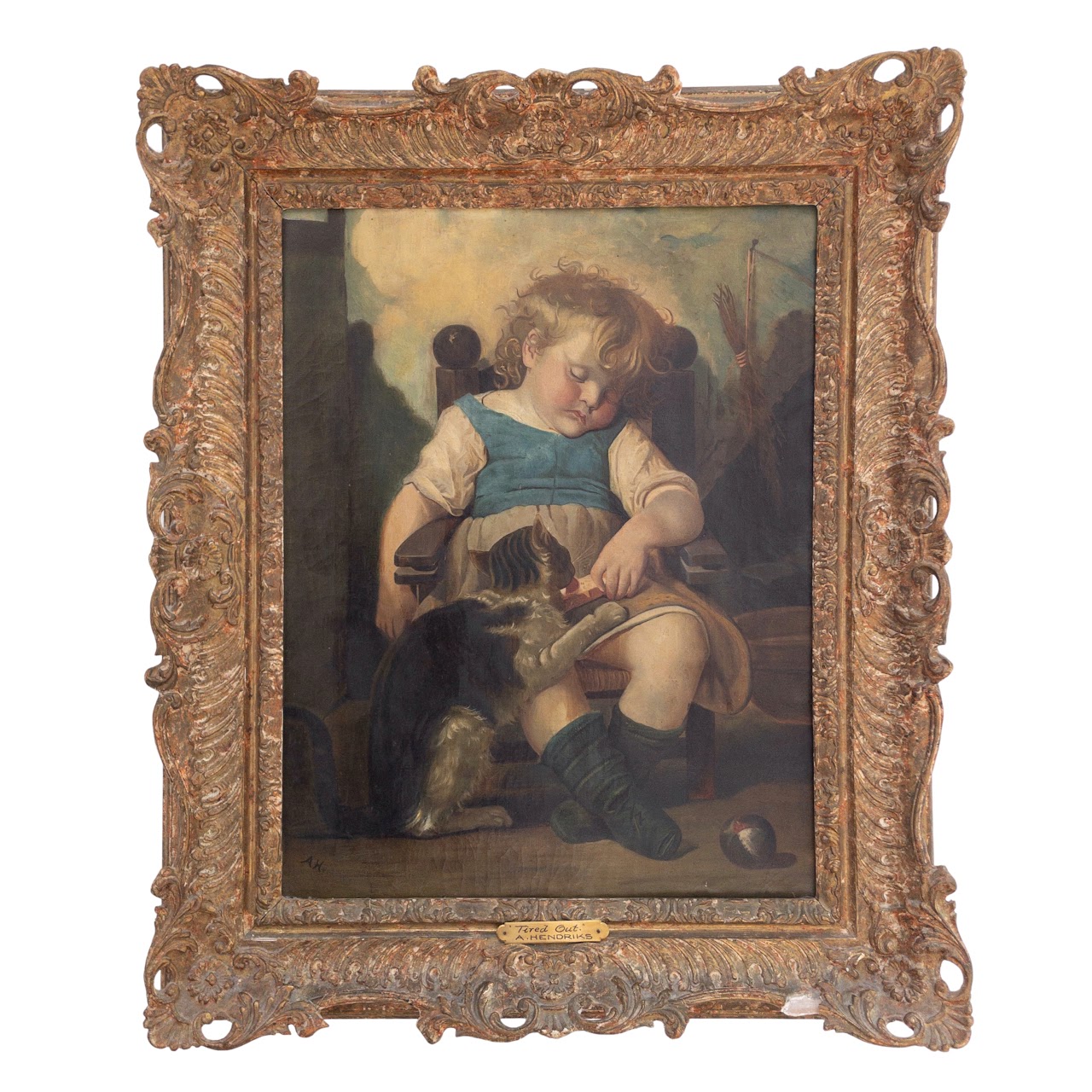 A. Hendriks 'Tired Out' Signed Antique Oil Painting