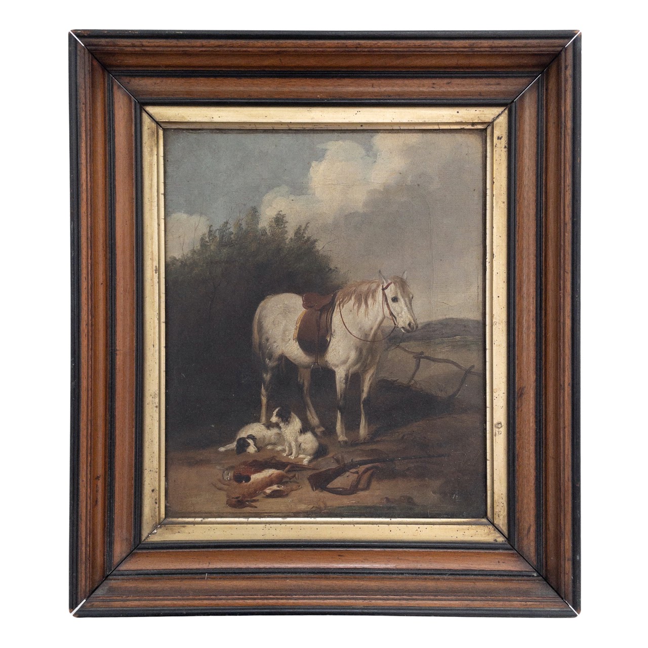 Horse & Hounds Antique Hunt Scene Oil Painting