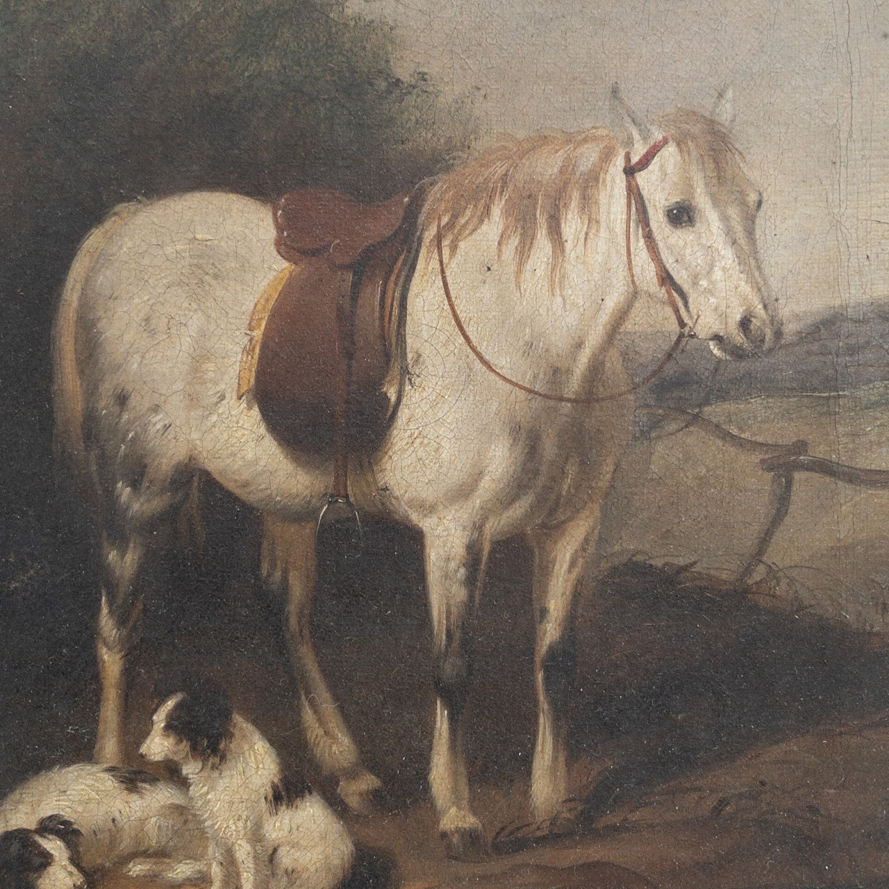 Horse & Hounds Antique Hunt Scene Oil Painting