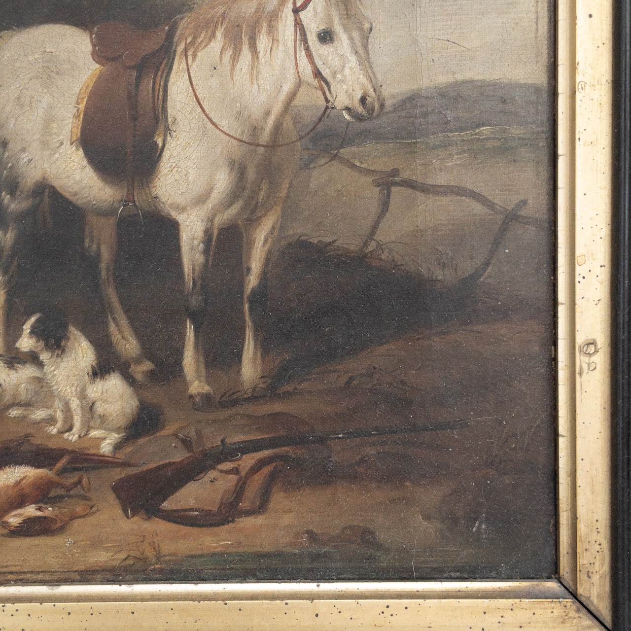 Horse & Hounds Antique Hunt Scene Oil Painting