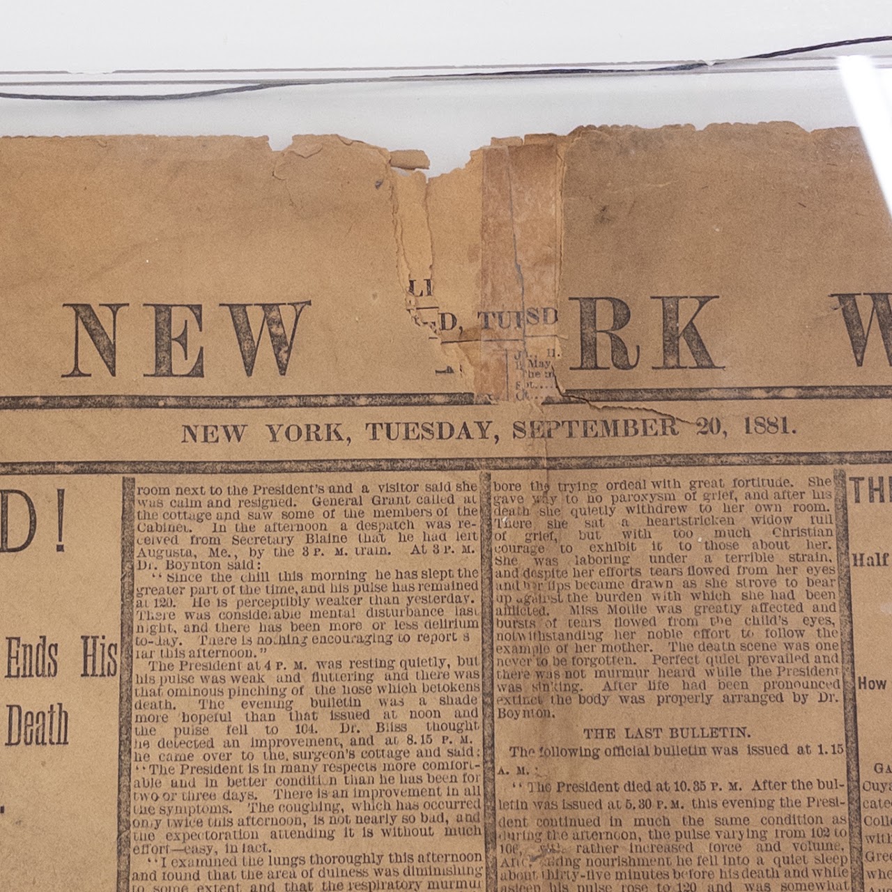 1881 'The New York World' Death of President Garfield Newspaper Cover Page