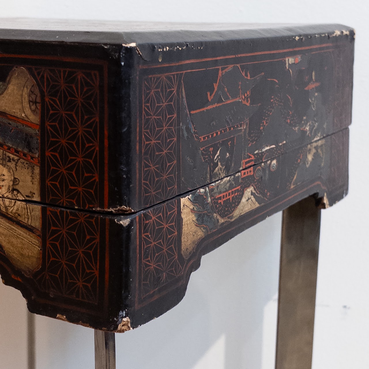 Antique Lacquered Chinese Box-Top End Table Pair