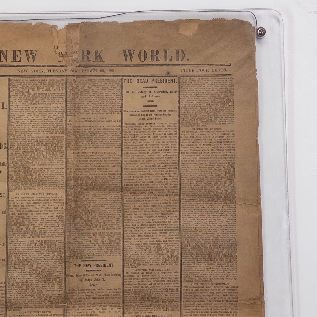 1881 'The New York World' Death of President Garfield Newspaper Cover Page