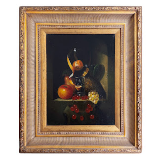 Classical Realist Style Still Life with Fruit and Glassware Signed Oil Painting