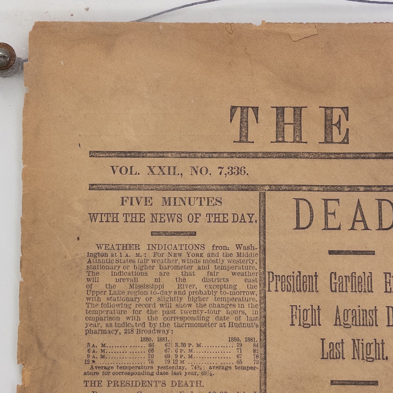 1881 'The New York World' Death of President Garfield Newspaper Cover Page