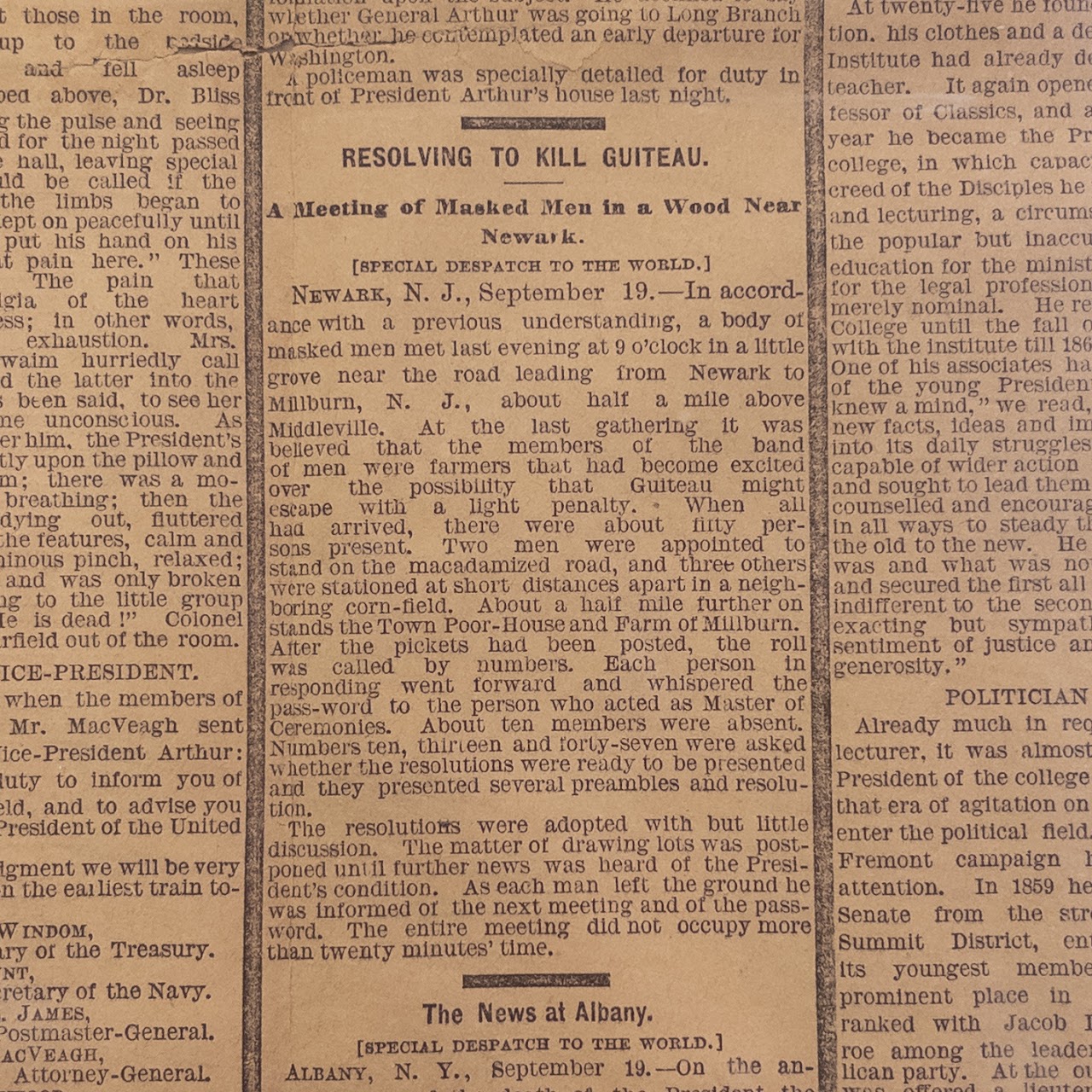 1881 'The New York World' Death of President Garfield Newspaper Cover Page