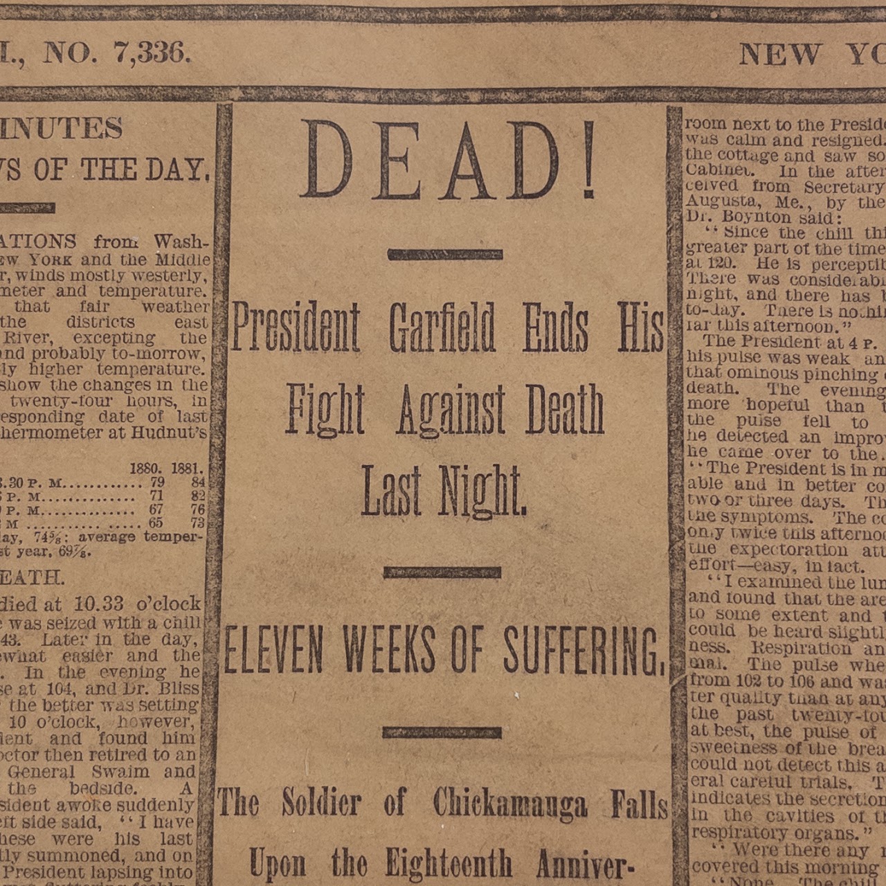 1881 'The New York World' Death of President Garfield Newspaper Cover Page