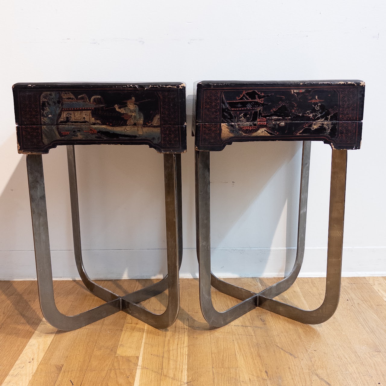 Antique Lacquered Chinese Box-Top End Table Pair