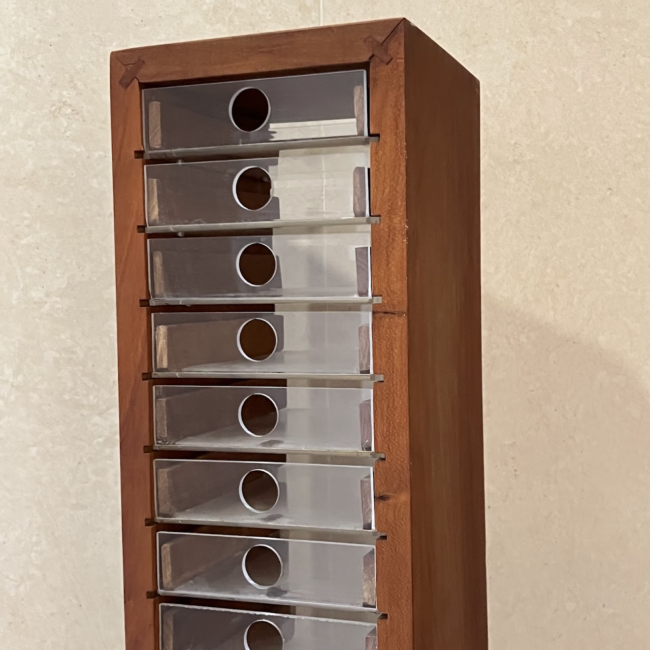 Cherry and Lucite 30-Drawer Tower Shelf