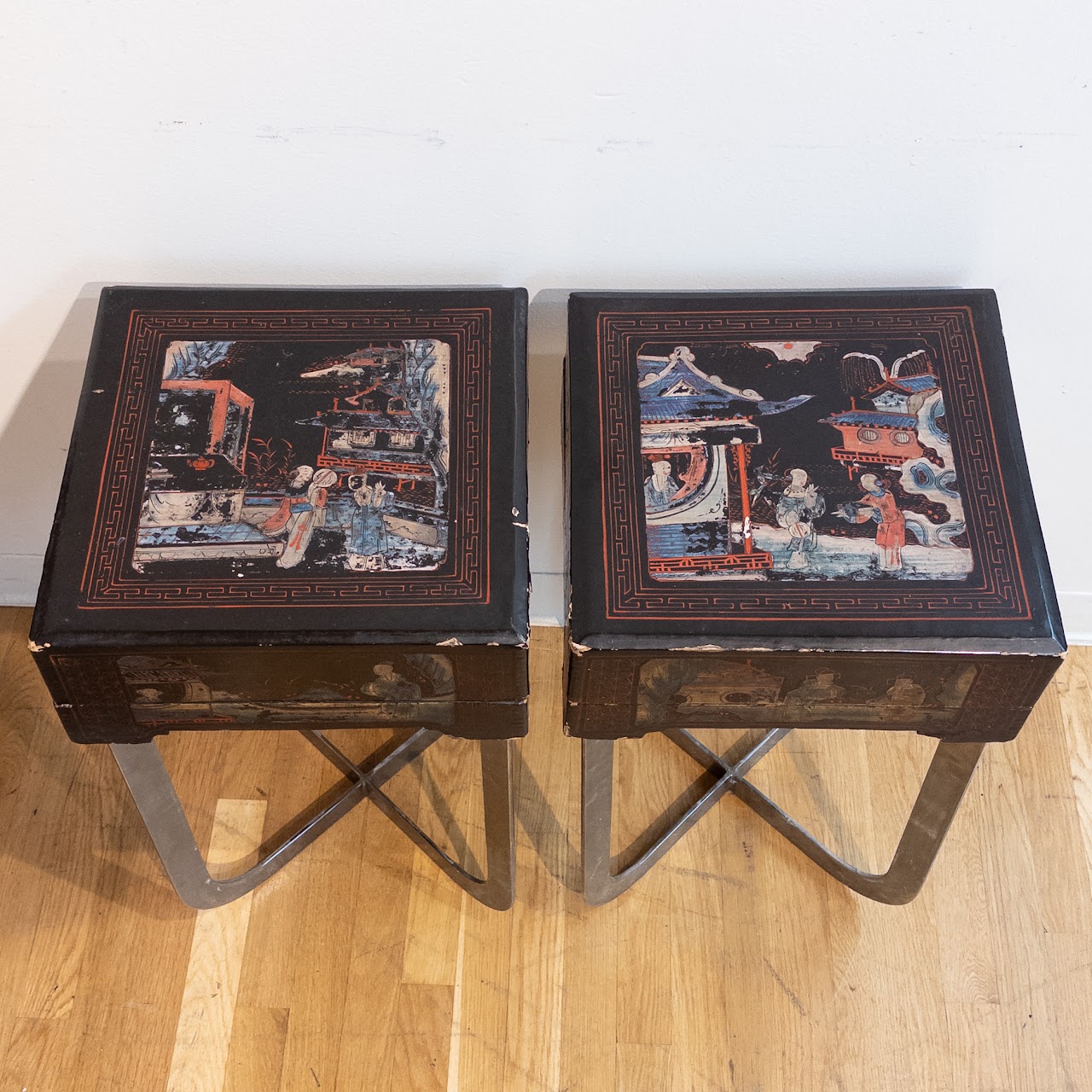 Antique Lacquered Chinese Box-Top End Table Pair