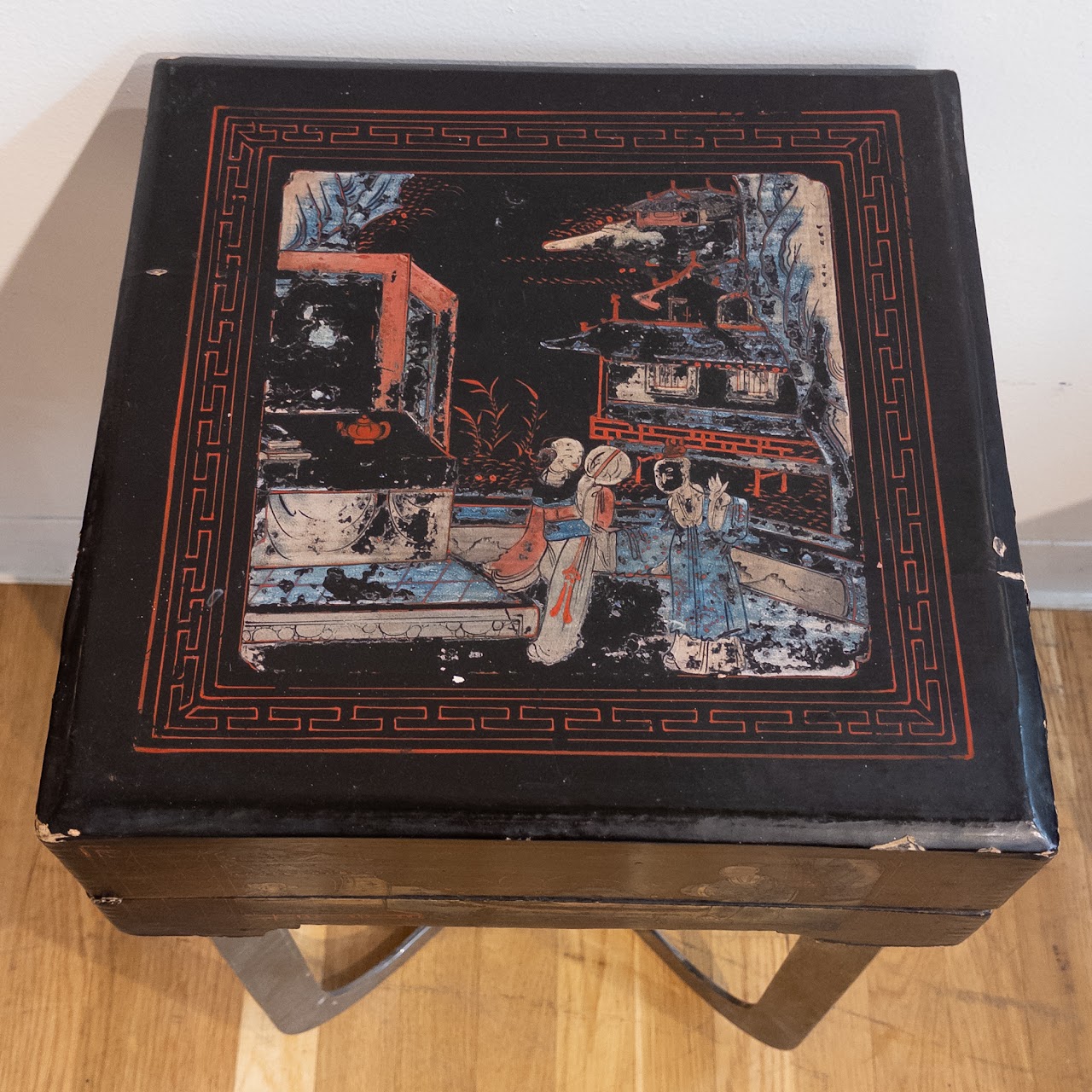 Antique Lacquered Chinese Box-Top End Table Pair