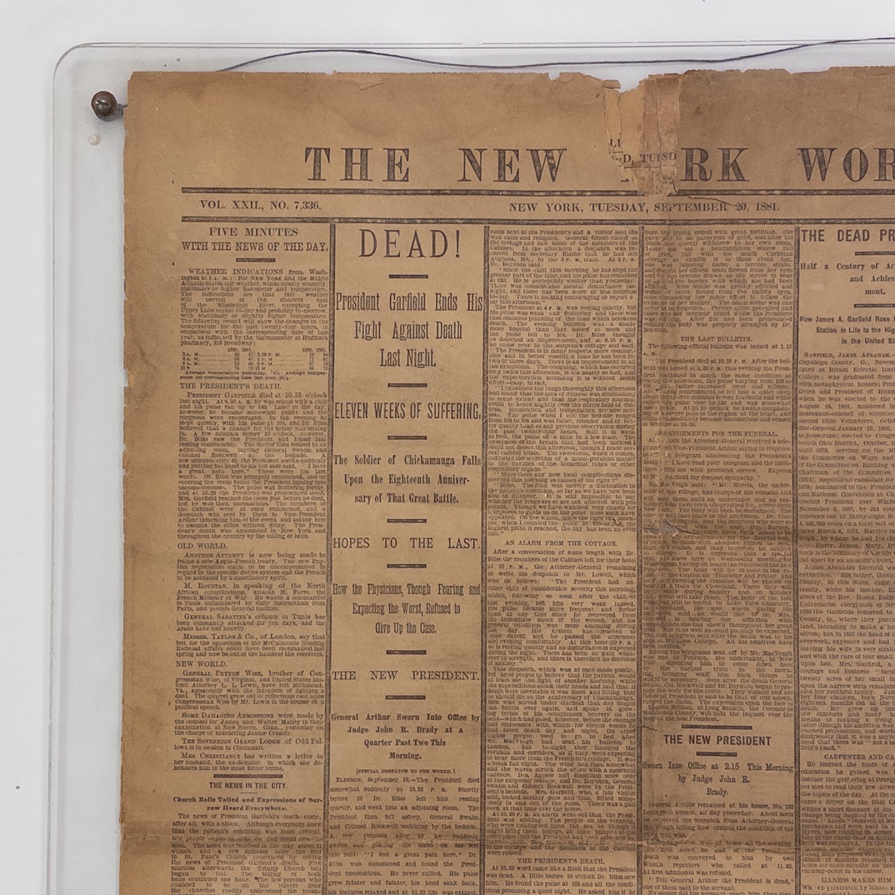 1881 'The New York World' Death of President Garfield Newspaper Cover Page