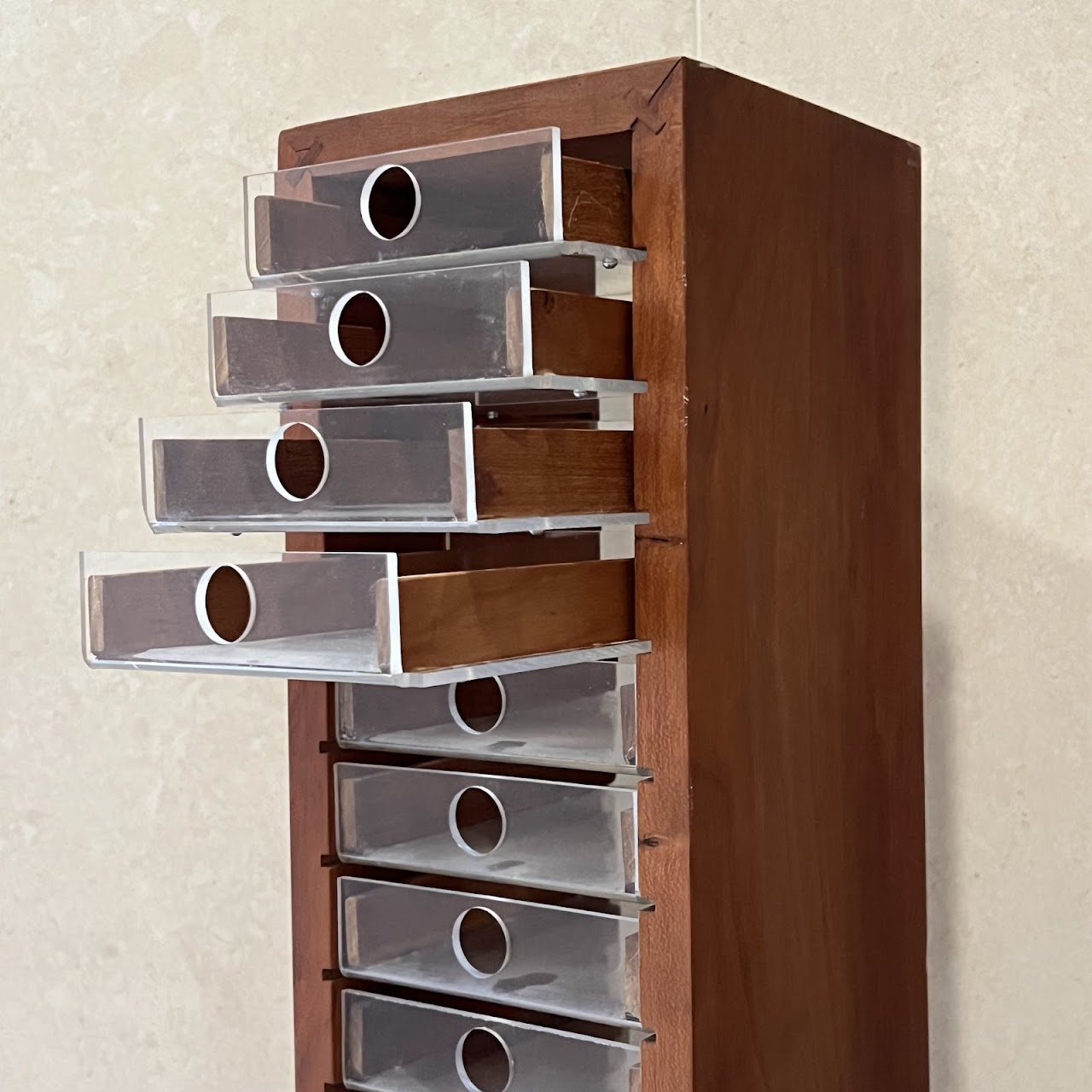 Cherry and Lucite 30-Drawer Tower Shelf