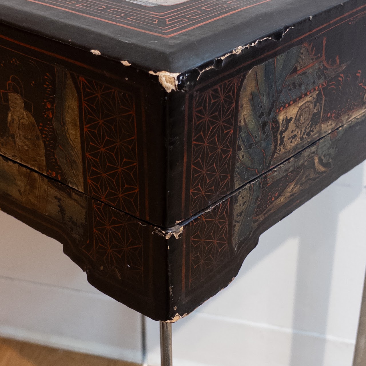 Antique Lacquered Chinese Box-Top End Table Pair