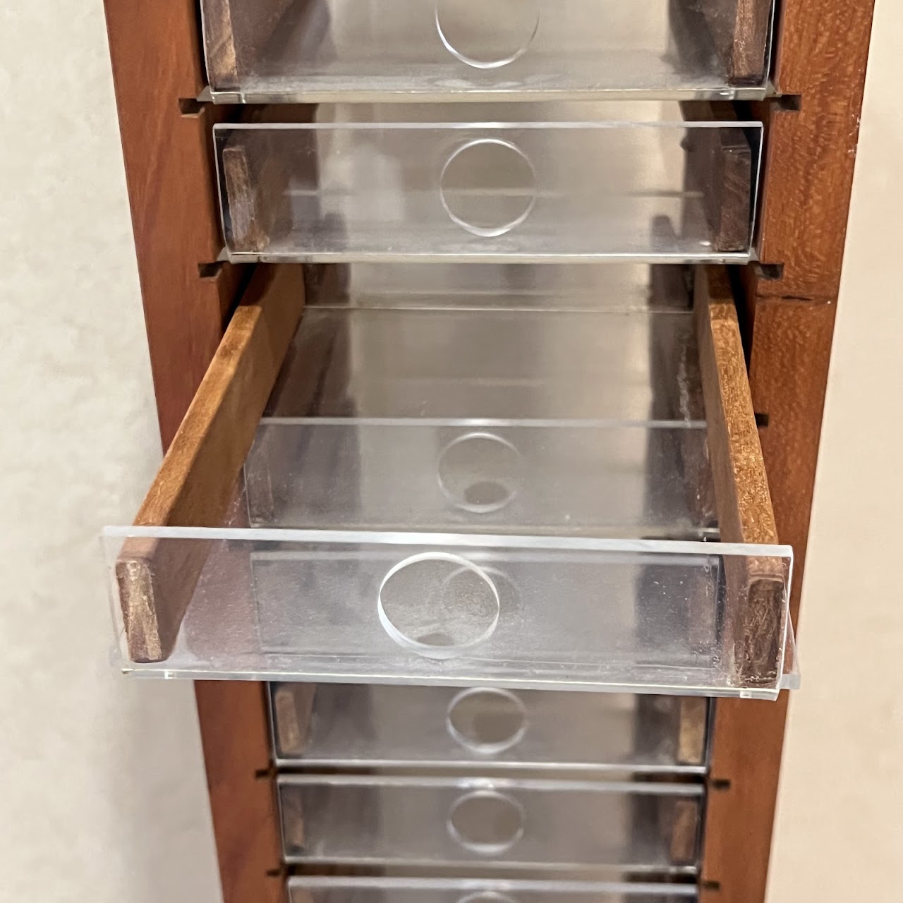 Cherry and Lucite 30-Drawer Tower Shelf