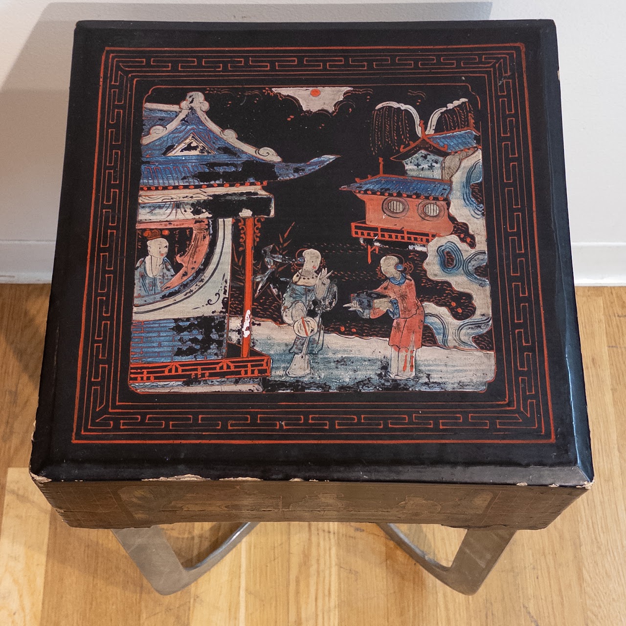 Antique Lacquered Chinese Box-Top End Table Pair