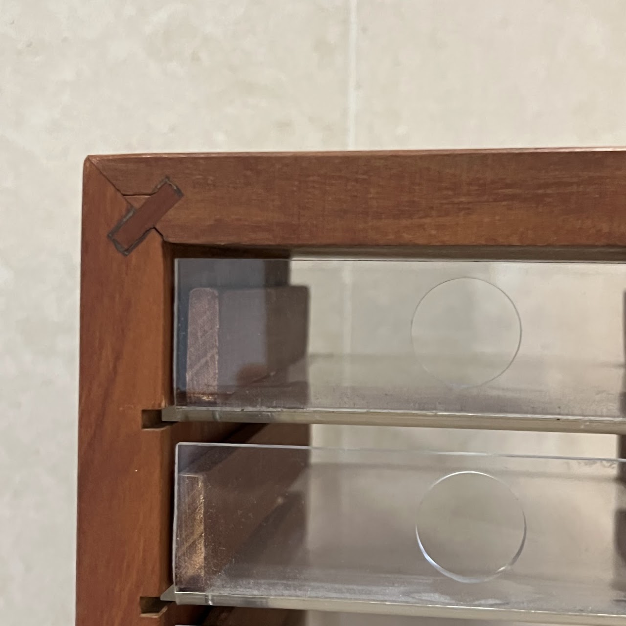 Cherry and Lucite 30-Drawer Tower Shelf