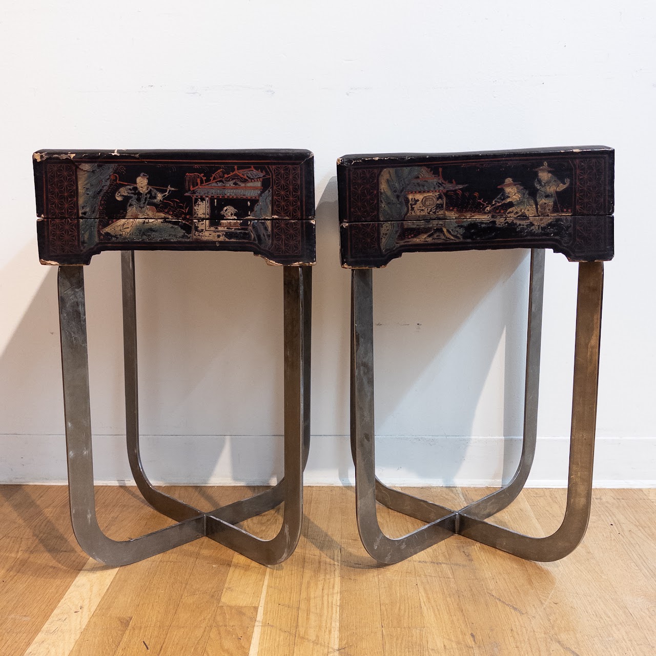 Antique Lacquered Chinese Box-Top End Table Pair