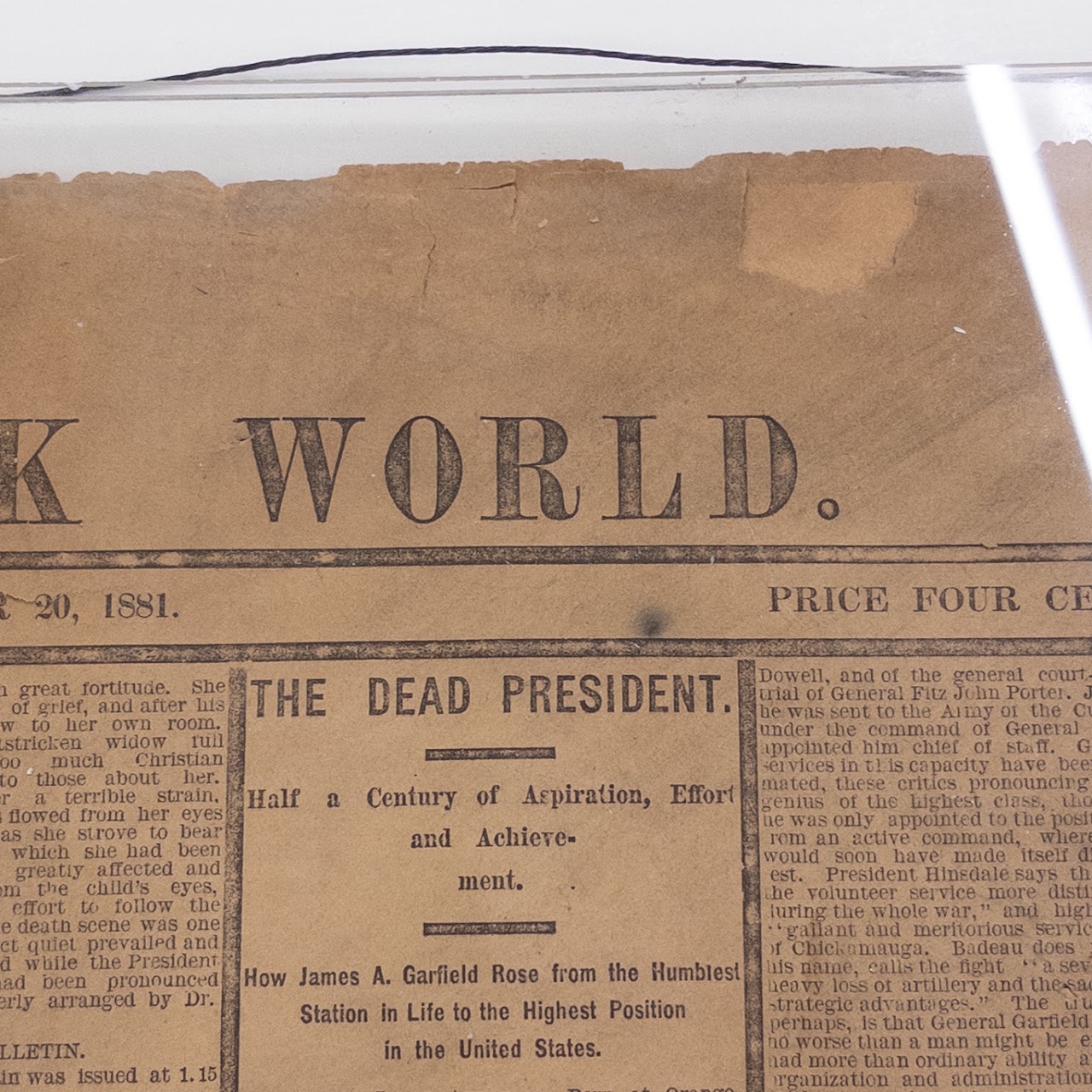 1881 'The New York World' Death of President Garfield Newspaper Cover Page