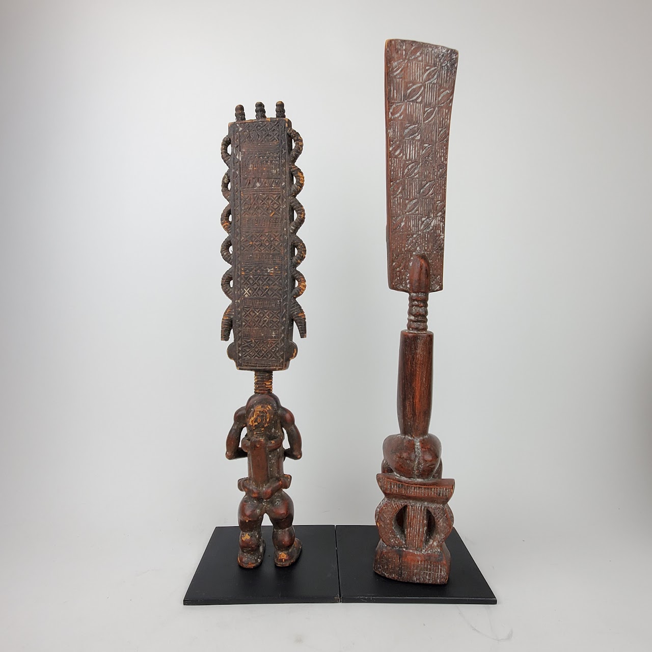 West African Headdress Statue Duo with Statue Topper