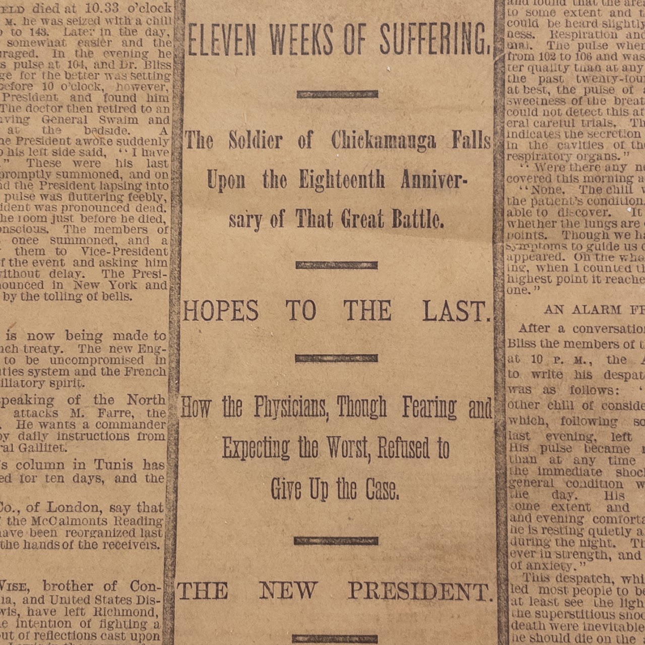 1881 'The New York World' Death of President Garfield Newspaper Cover Page