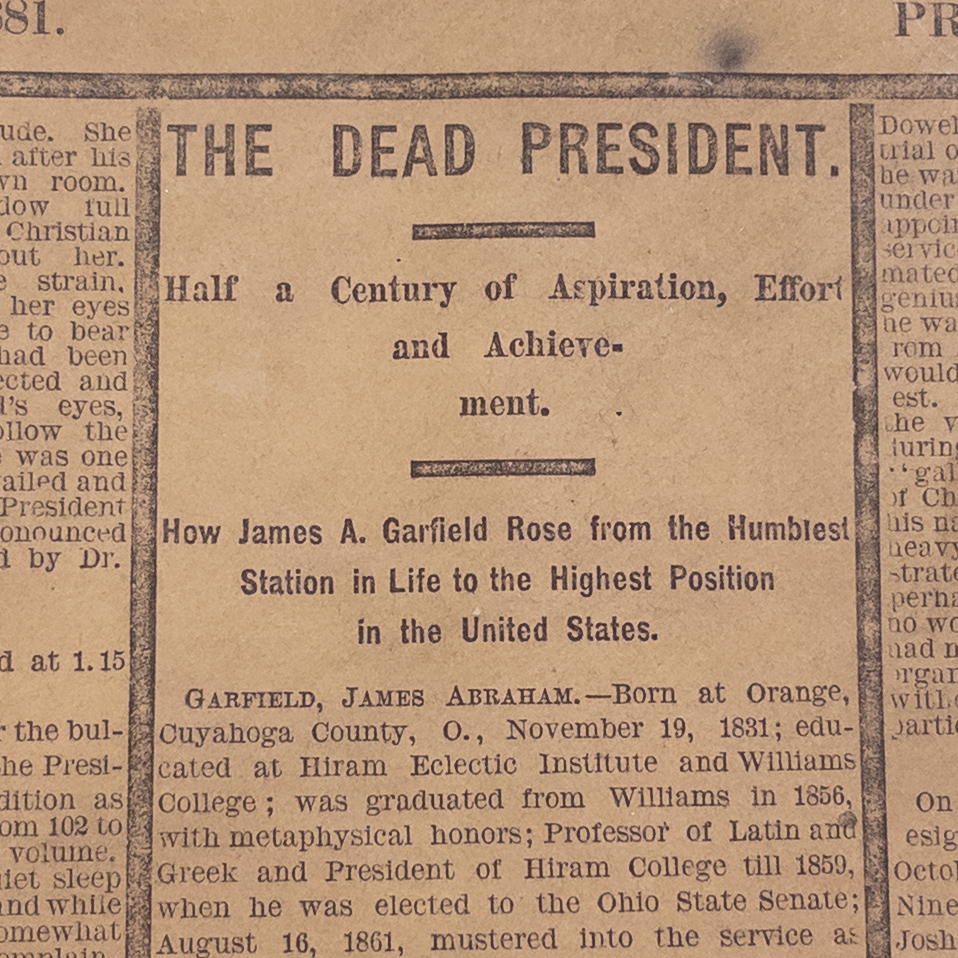 1881 'The New York World' Death of President Garfield Newspaper Cover Page