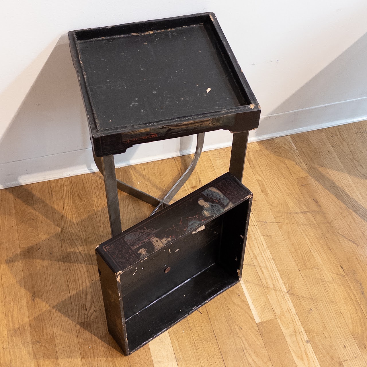 Antique Lacquered Chinese Box-Top End Table Pair