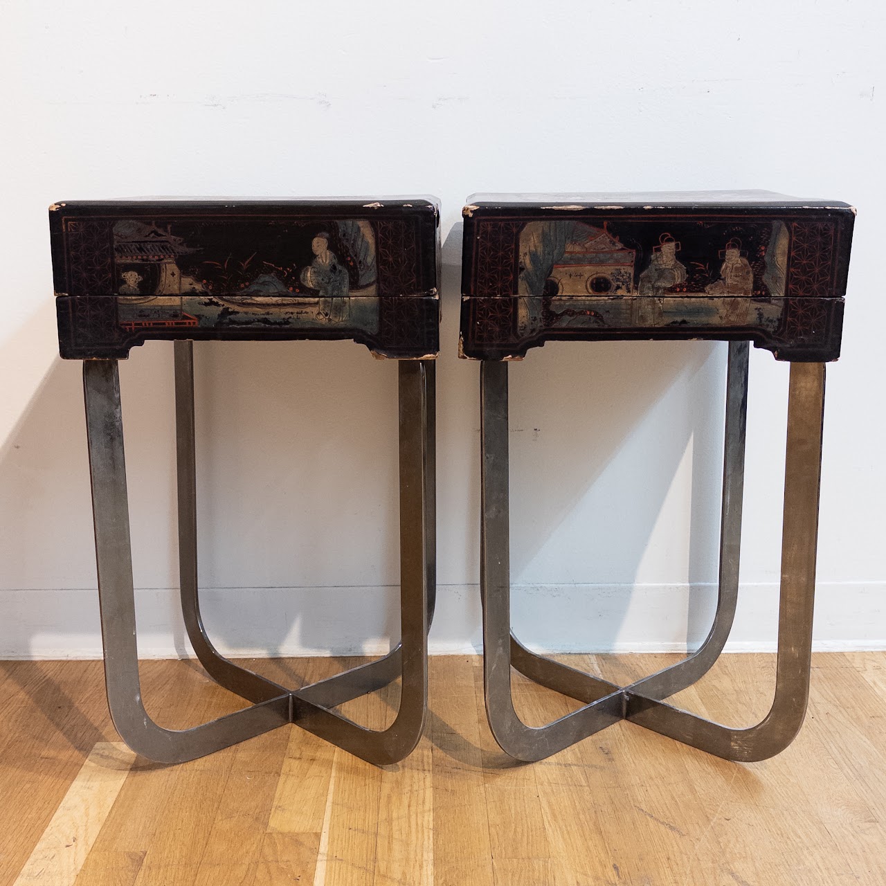 Antique Lacquered Chinese Box-Top End Table Pair