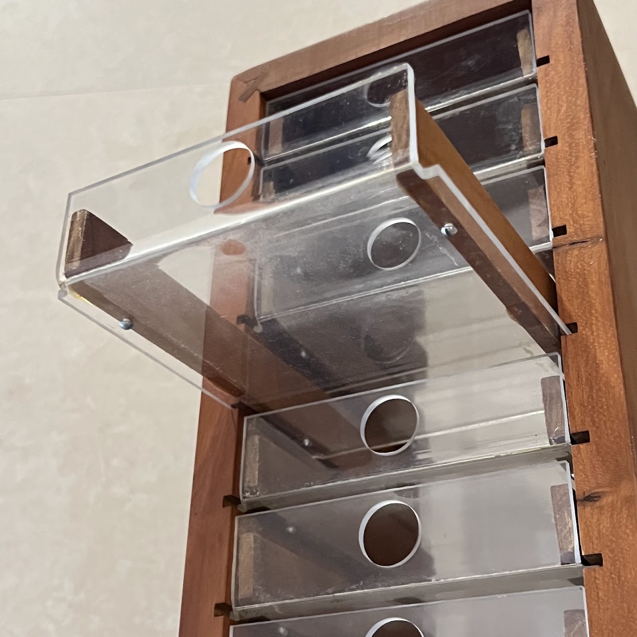 Cherry and Lucite 30-Drawer Tower Shelf